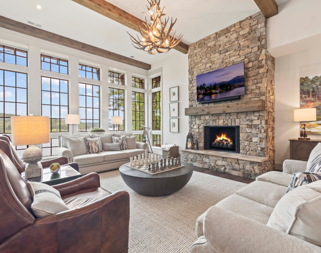 Elegant home interior with chandelier and fireplace