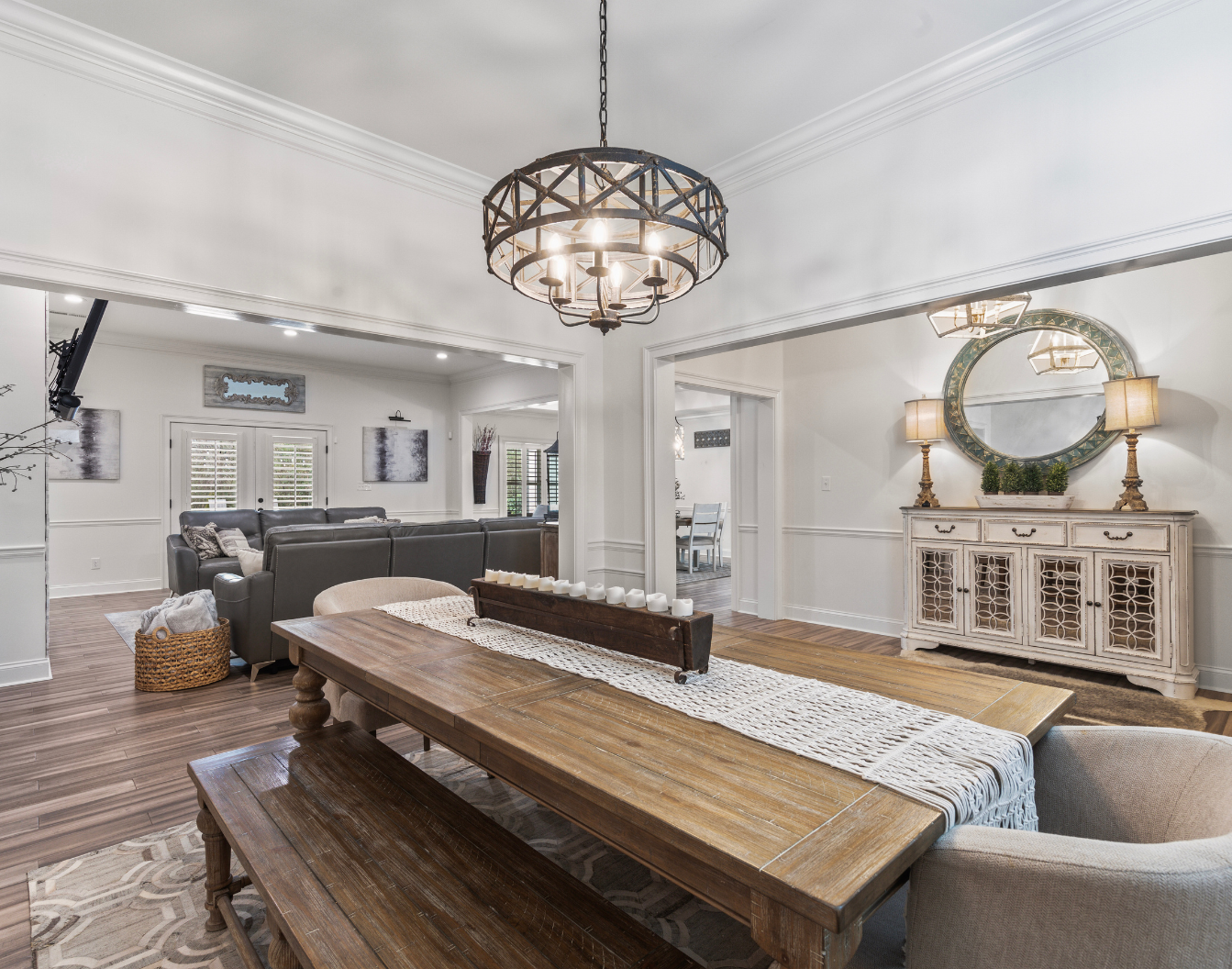 Luxury home interior with fireplace and large windows
