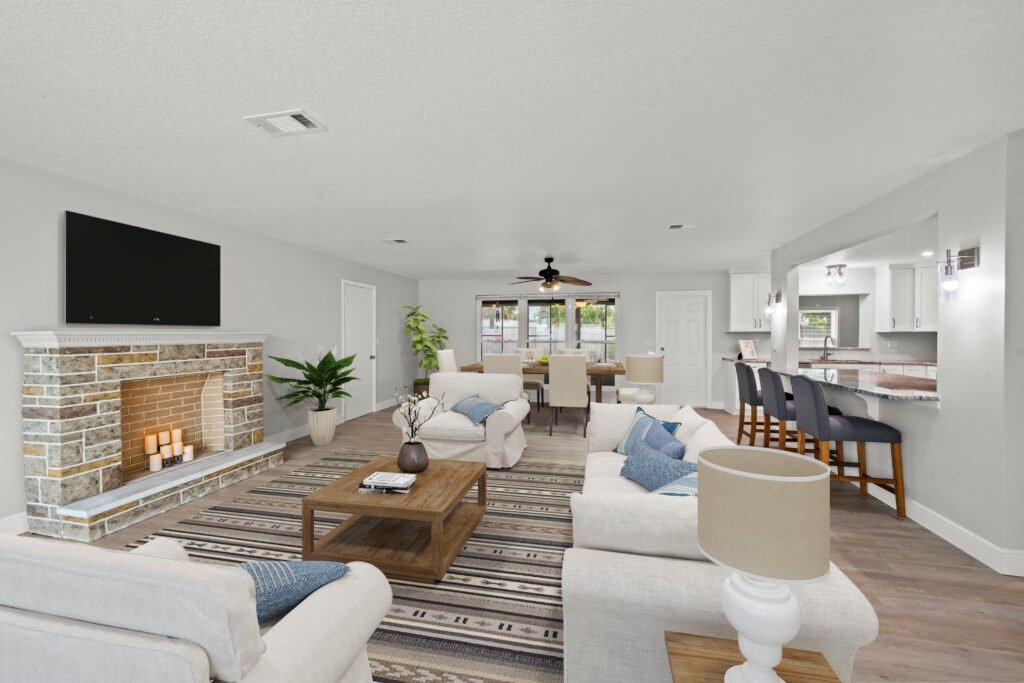 Bright open-concept living room with dining area